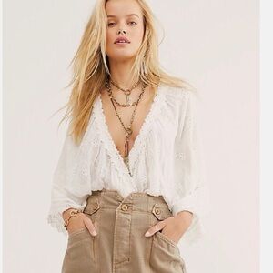 Free People Love Somebody Lightweight White Embroidered Eyelet Lace Blouse